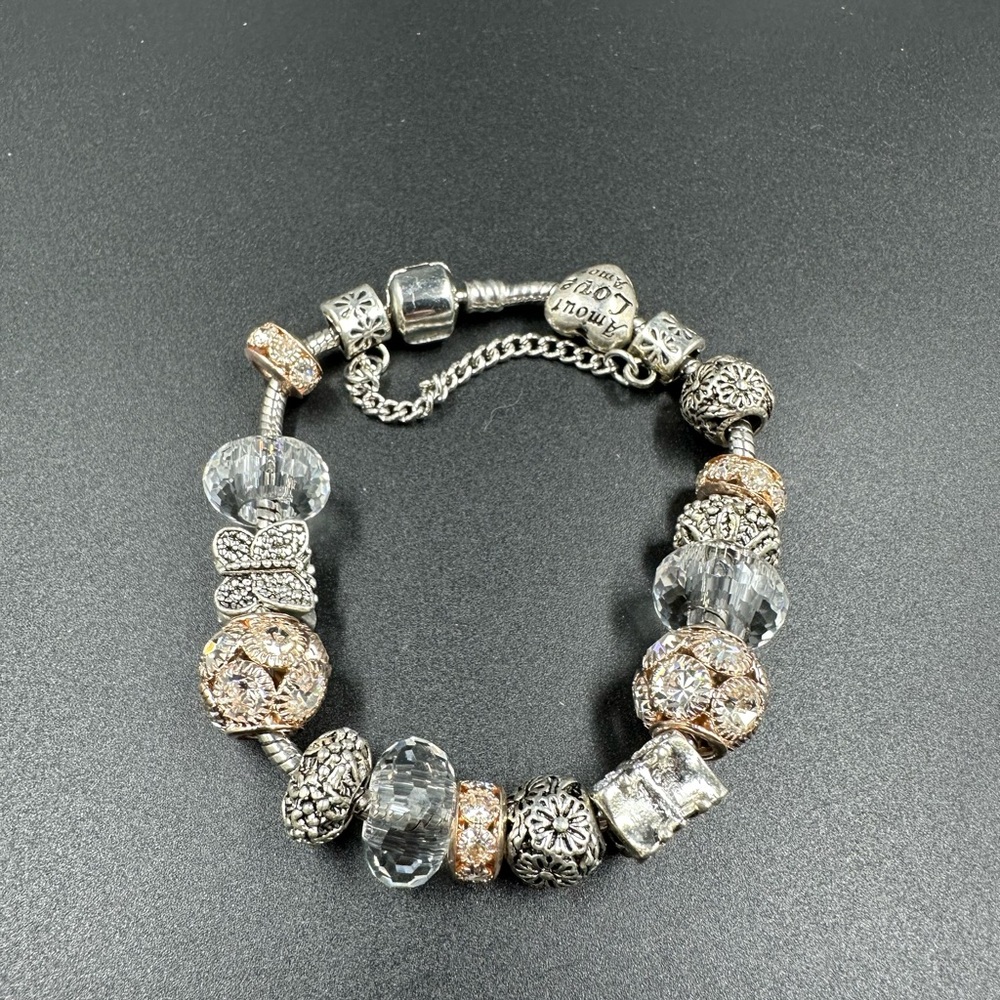 Butterfly Floral and Faceted Crystal Slider Charm Bracelet